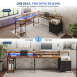 An L-shaped computer desk with a wood-grain top and black metal frame, shown in a home office setting with text explaining configuration options: L-shaped and straight. The desk includes built-in shelves, a side cabinet, and a desk lamp. 