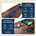 A promotional graphic for a wooden under-desk power strip and LED light bar combo. The top panel shows the illuminated blue LED light strip glowing under a dark wood desk. 