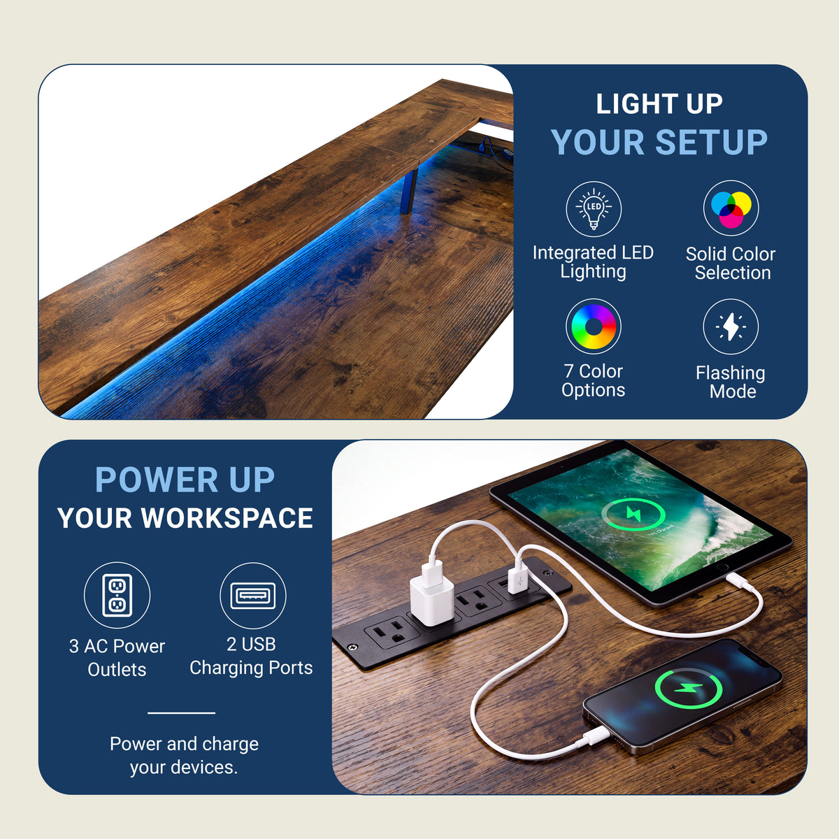 A promotional graphic for a wooden under-desk power strip and LED light bar combo. The top panel shows the illuminated blue LED light strip glowing under a dark wood desk. 