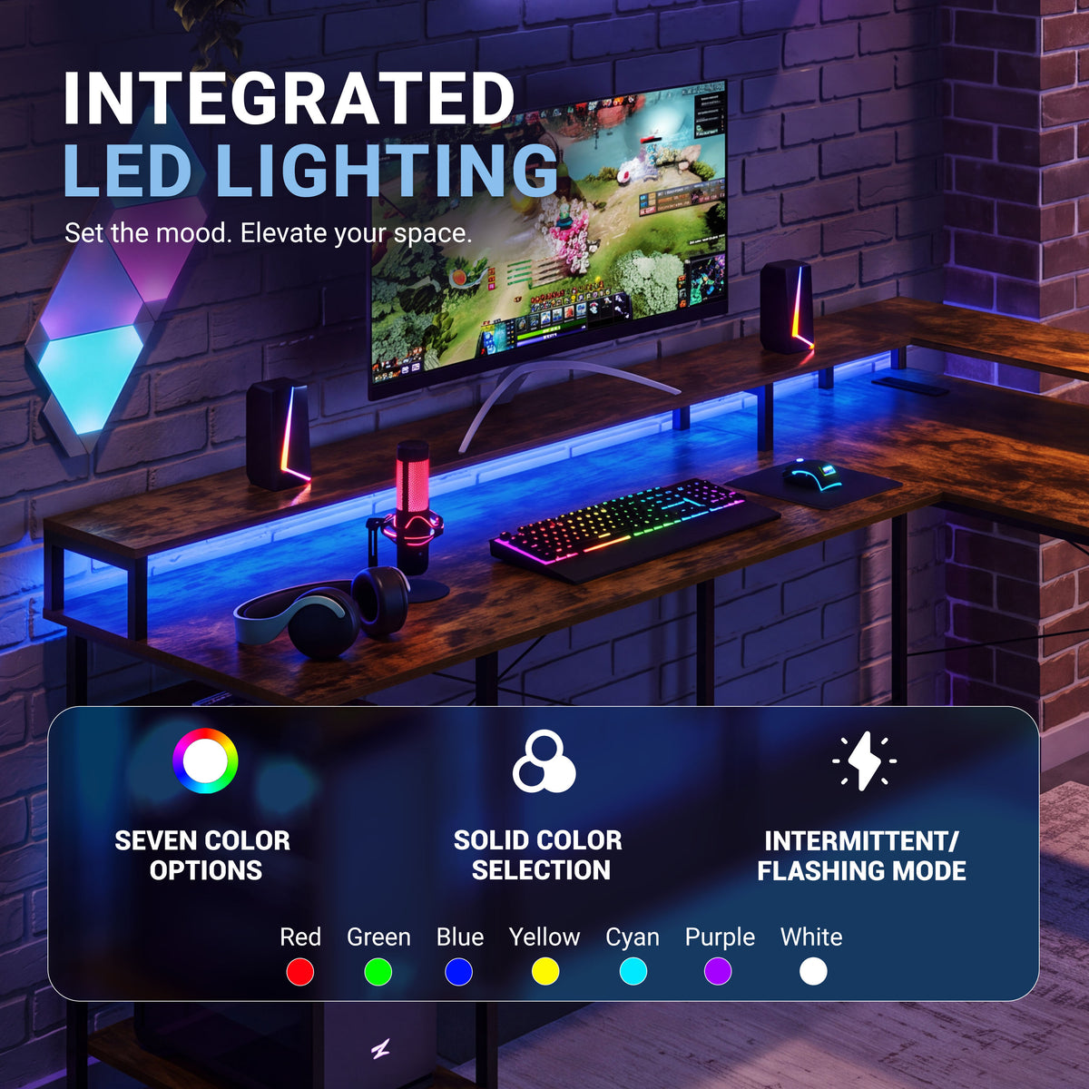 A gaming desk setup in a modern room with a large monitor, RGB keyboard, speakers, headphones, and ambient LED lighting. Large text at the top reads 'INTEGRATED LED LIGHTING' with smaller copy below. 