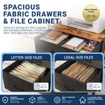 A promotional graphic for fabric drawers and a file cabinet. The main product is a dark charcoal/black metal drawer unit with a rustic wood top, shown open with files inside. 