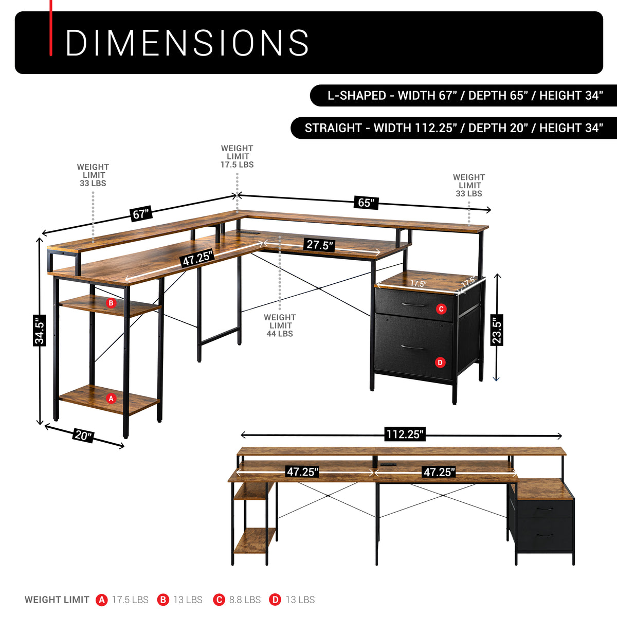 A product dimension diagram for an L-shaped computer desk with shelves and a matching cabinet. The image shows two configurations: an L-shaped layout and a straight layout, with labeled measurements for width, depth, and height, and weight limits noted on the furniture. 