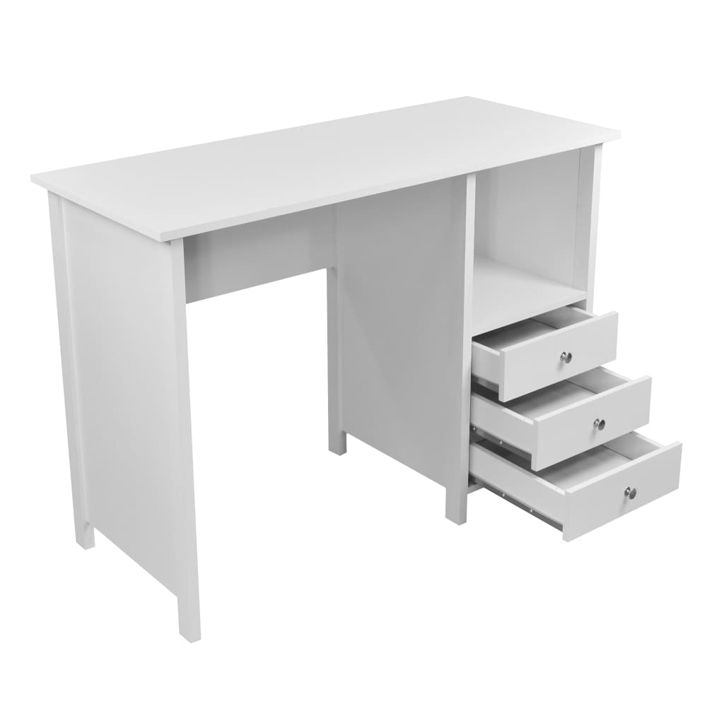 Empty white desk with right-side drawers and open shelf, suitable as a study or computer desk