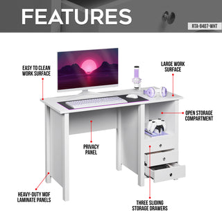 White gaming desk with storage.