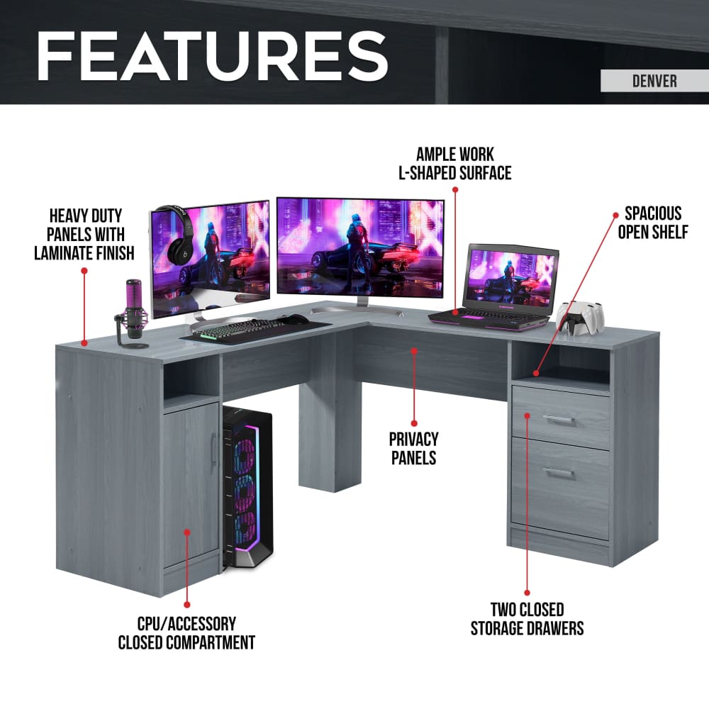 Denver Grey L Shape Gaming Desk Gaming Desk