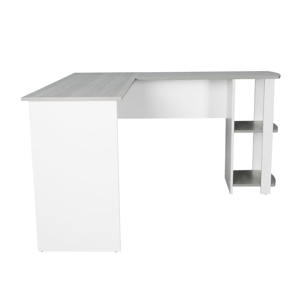 Side view of a white desk with L-shaped design and open shelves on the right; minimal style with gray tabletop.