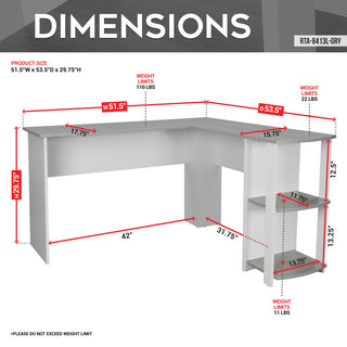 L-shaped desk with dimensions and weight limits.