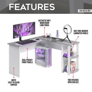 Gray and white L-shaped gaming desk.