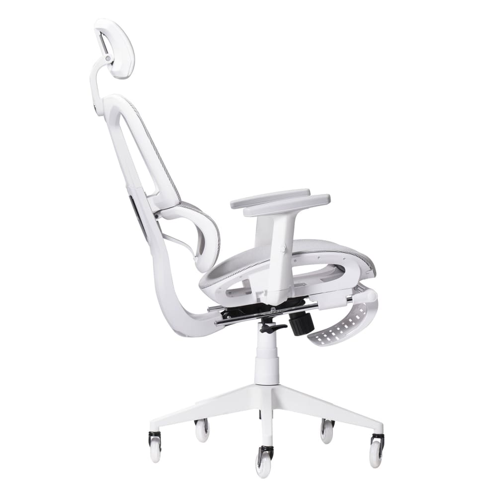 Side view of white gaming chair with foot rest, the airflex 2.0 technisport gaming chair. It features light grey mesh with all white hardware for an all white appearance. The white footrest is shown fully tucked in ensuring it doesnt hit your leg. 