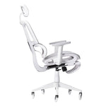 Side view of white gaming chair with foot rest, the airflex 2.0 technisport gaming chair. It features light grey mesh with all white hardware for an all white appearance. The white footrest is shown fully tucked in ensuring it doesnt hit your leg. 