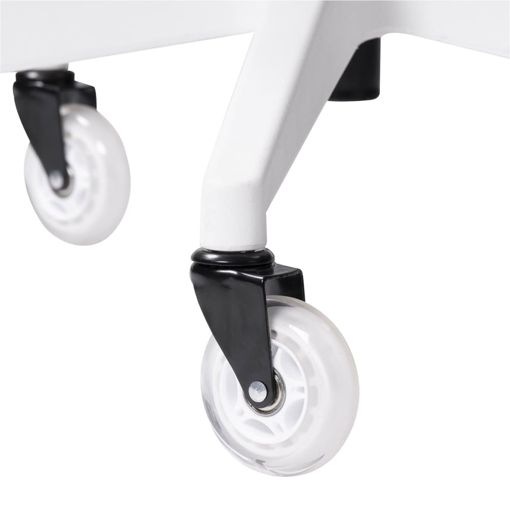 Close up of gaming chair rollerblade wheels on the Airflex 2.0, awhite mesh gaming chair with footrest.