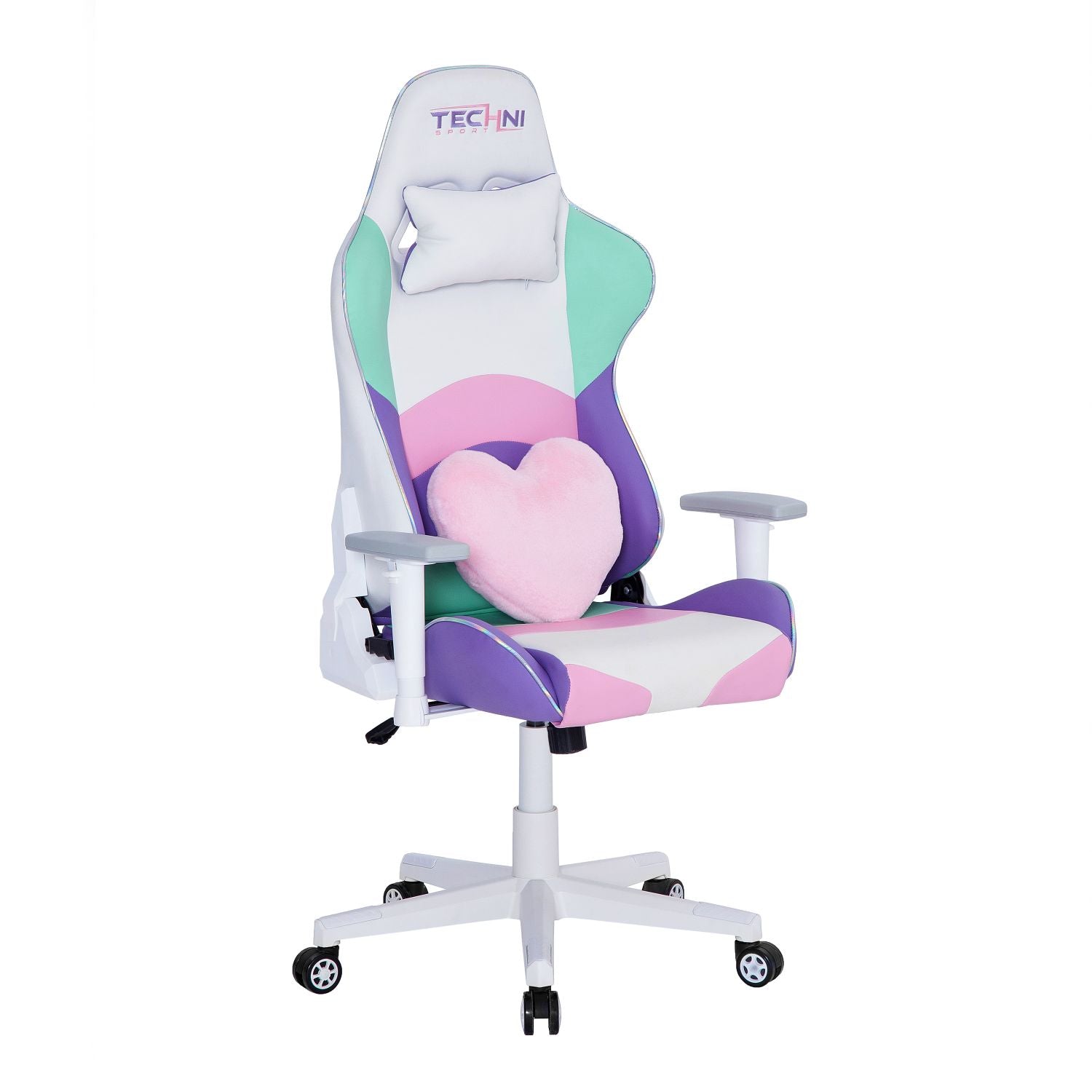 This cute gaming chair is perfect for kawaii gaming setups with features like heart lumbar pillow, light colors and iridescent trim. 