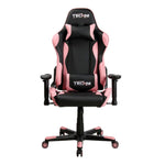 Pink and black gaming chair with adjustable armrests and lumbar support.