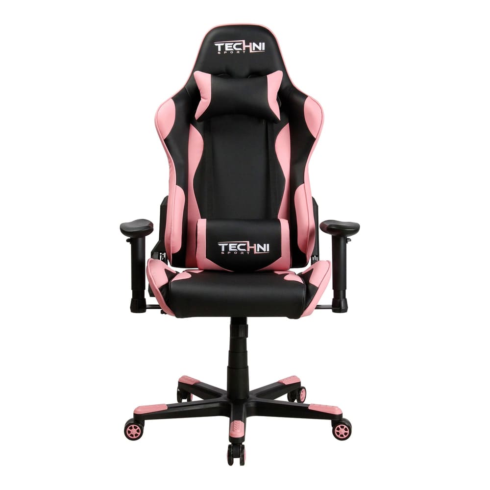 Pink and black gaming chair with adjustable armrests and lumbar support.