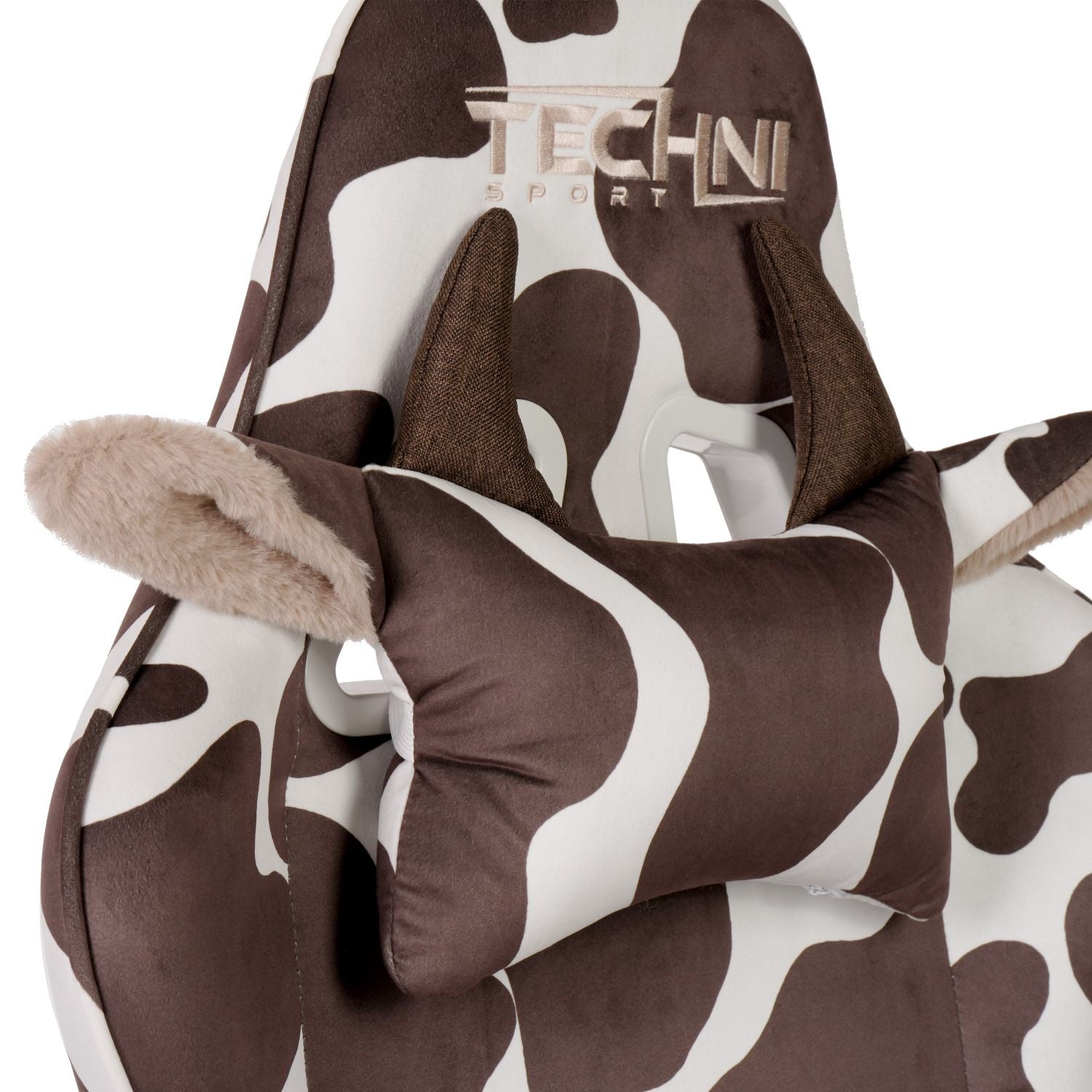 Brown cow gaming chair closeup of pillow with horns and ears