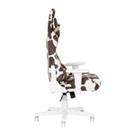 Cow-print ergonomic chair with padded armrests and memory foam seat. 