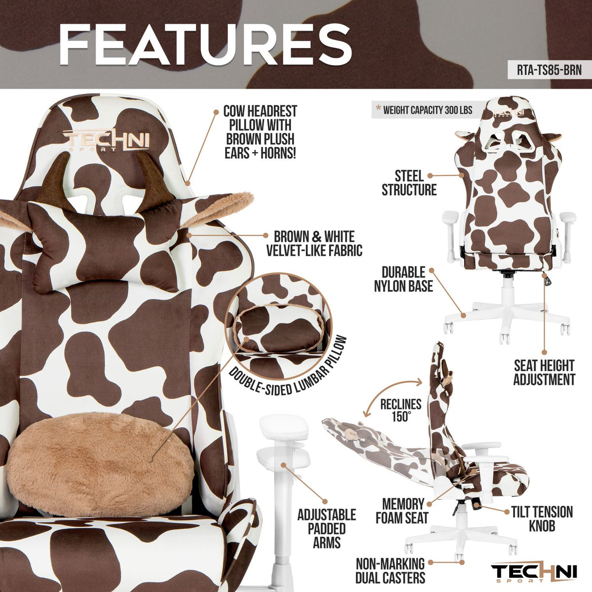 Cow print chair with features highlighted on a gray background 