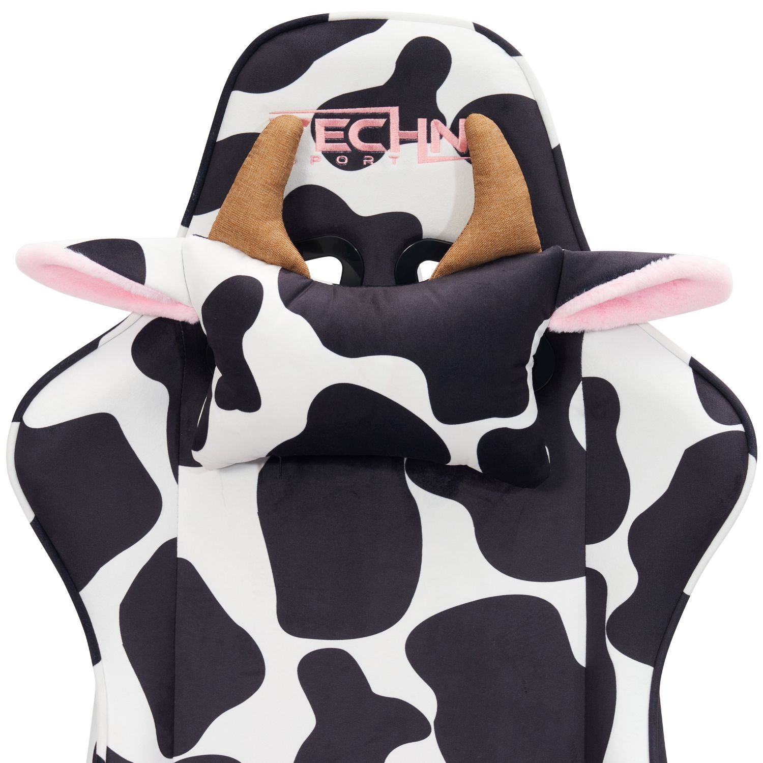 close up of cow gaming chair headrest with ears and horn 