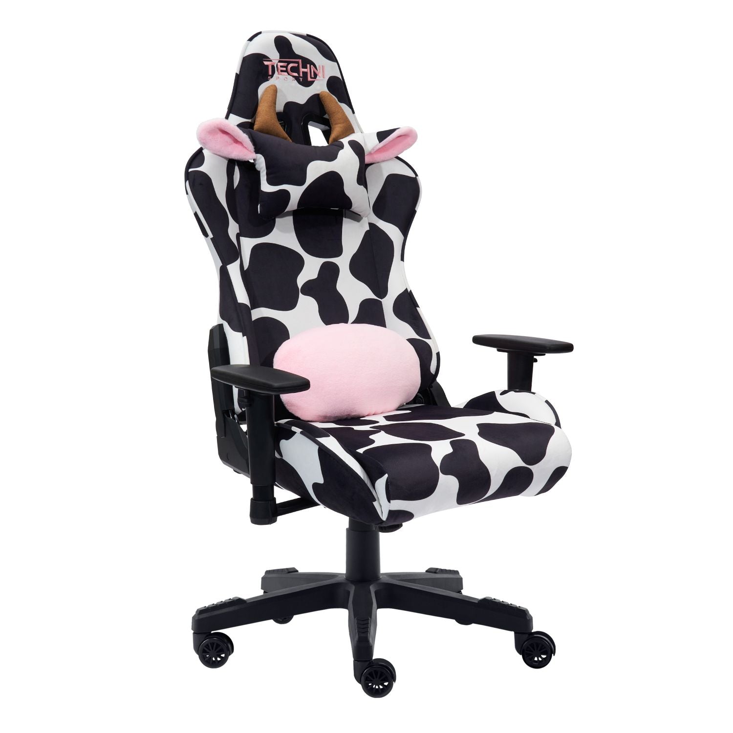 Techni Sport cow print gaming chair side angle — ergonomic cow gaming chair for stylish home office setup 