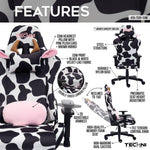 Techni Sport cow gaming chair close-up detail of lumbar support and adjustment features — cow print gaming chair premium ergonomic design 