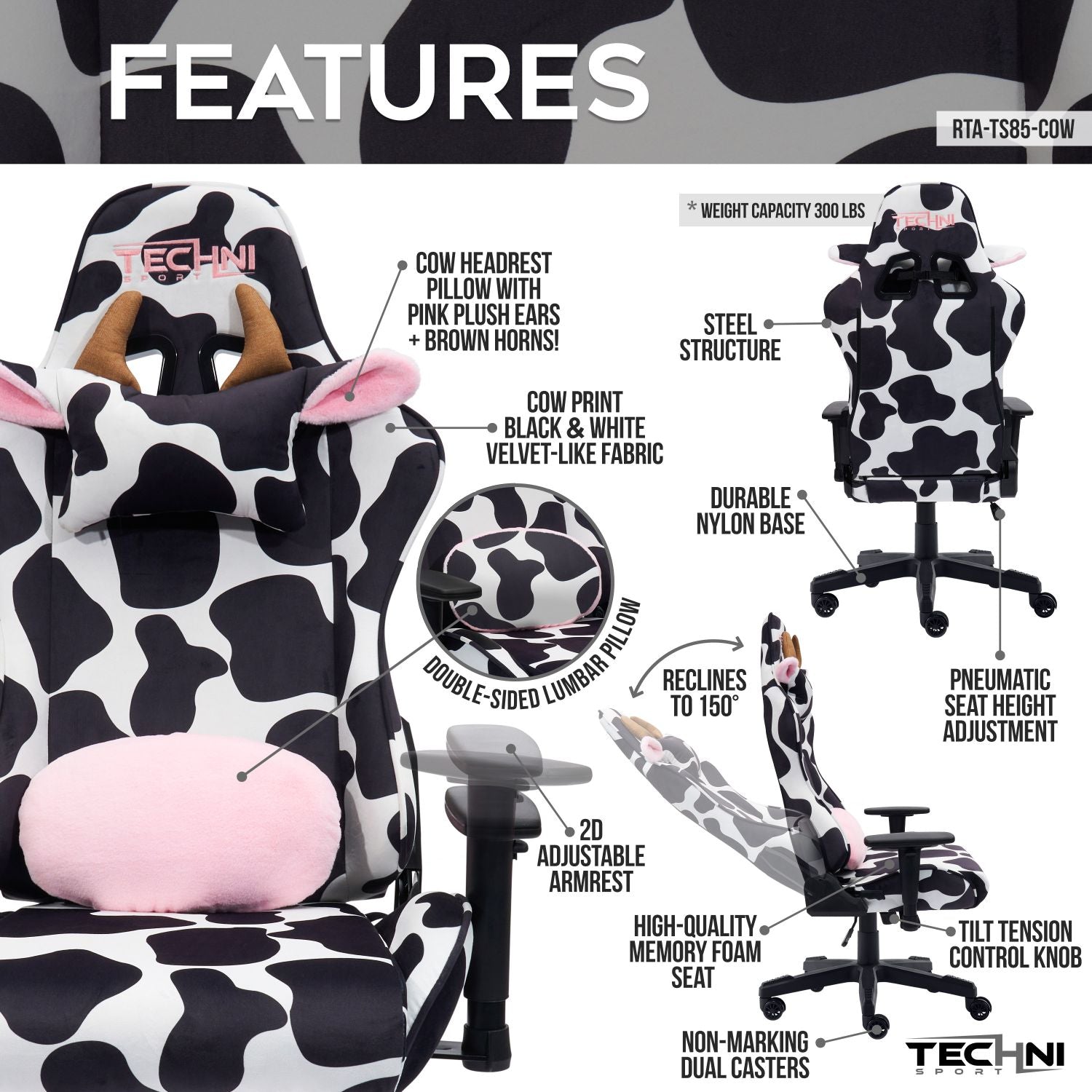 Techni Sport cow gaming chair close-up detail of lumbar support and adjustment features — cow print gaming chair premium ergonomic design 