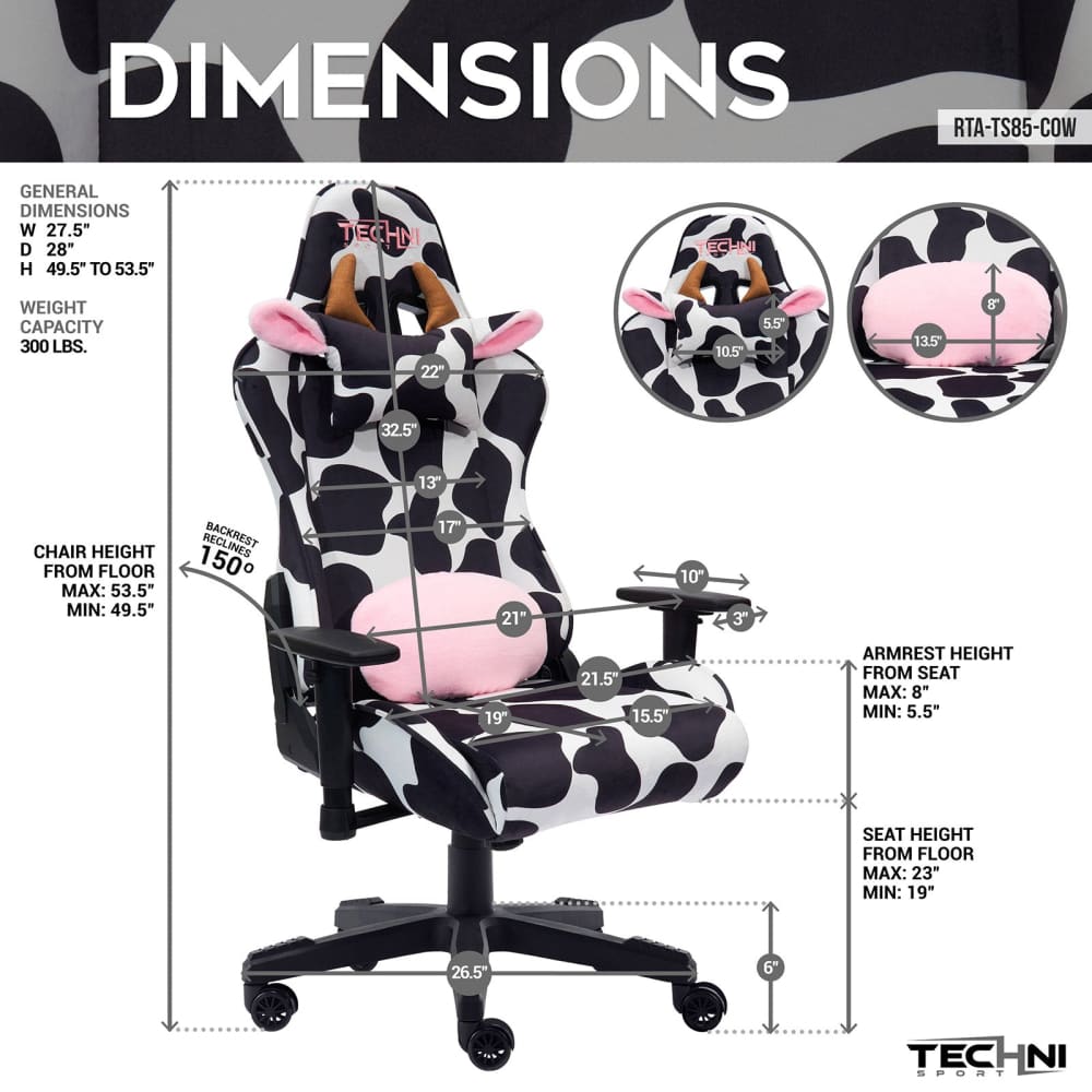 The dimensions of the cow gaming chair in the orginal black and white cow print are shown. The general dimensions as follows: Width is 27.5 inches, the seat depth is 28 inches and the height can be changed between 49.5 inches and 53.25 inches. It has a weight capacity of 300 lbs. The original cow gaming chair is both cute and functional for any gaming setup or as a cute home office chair. 