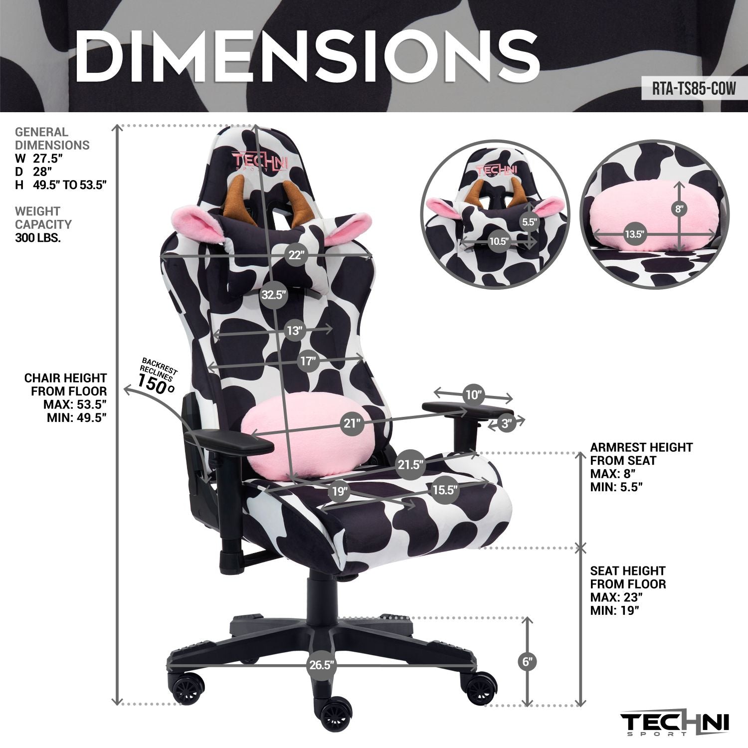 black cow gaming chair dimensions 