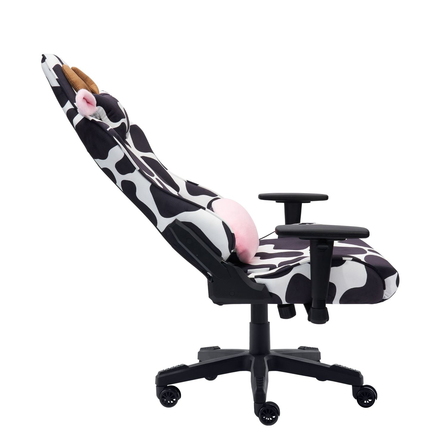 Adjustable Cow print gaming chair  in recline position showing adjustable gaming chair features 