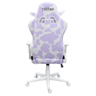 Backview of the lavender cow gaming chair with the Techni Sport logo in grey embroidered on the top headrest. The cow headrest pillow has ears that peakthrough from the back. This is not only a perfect girl gaming chair is the the best gaming chair for cute gaming setups. 