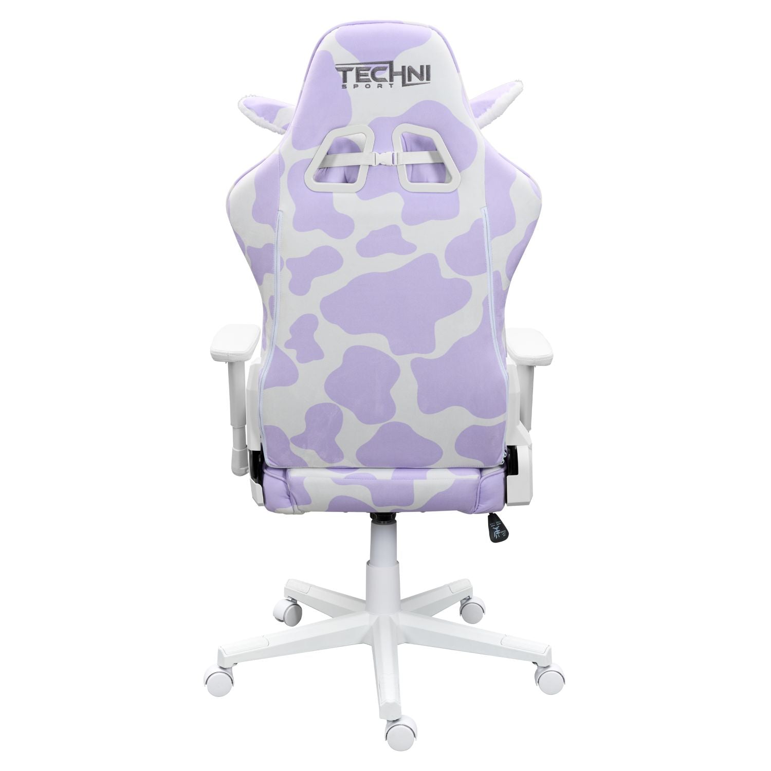 back view of purple gaming chair with cow print 