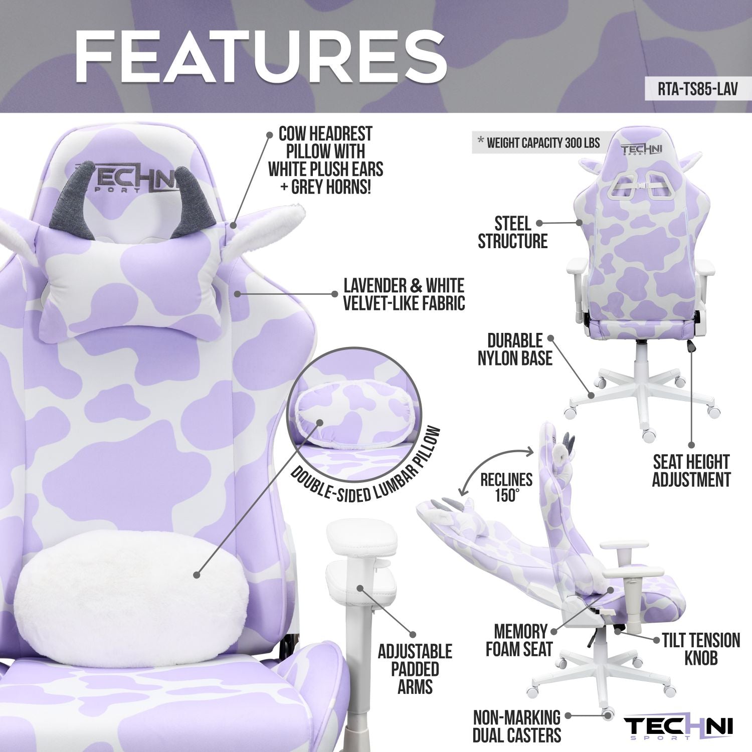 features of lavender cow gaming chair 