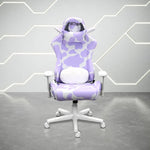 Front view of the purple cow gaming chair. This white and purple gaming chair features a white base, with white and purple cow print. The cow chair headrest pillow has grey horns and ears lined with fluffy white material and the lumbar pillow has matching fluffy white to compliment the design. Perfect for the most unique and purple gaming gaming setups. 