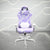 Front view of the purple cow gaming chair. This white and purple gaming chair features a white base, with white and purple cow print. The cow chair headrest pillow has grey horns and ears lined with fluffy white material and the lumbar pillow has matching fluffy white to compliment the design. Perfect for the most unique and purple gaming gaming setups. 
