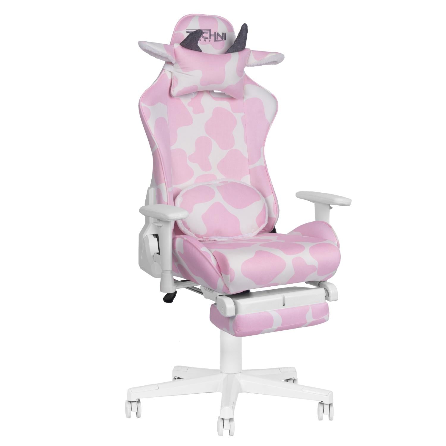 pink cow print gaming chair.