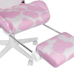 closeup of tuck away footrest on pink gaming chair with cow print