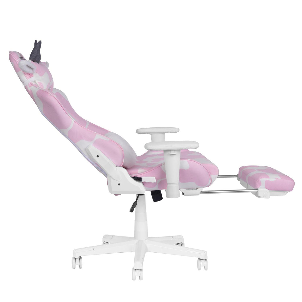 Pink and white gaming chair with ergonomic design on a white background
