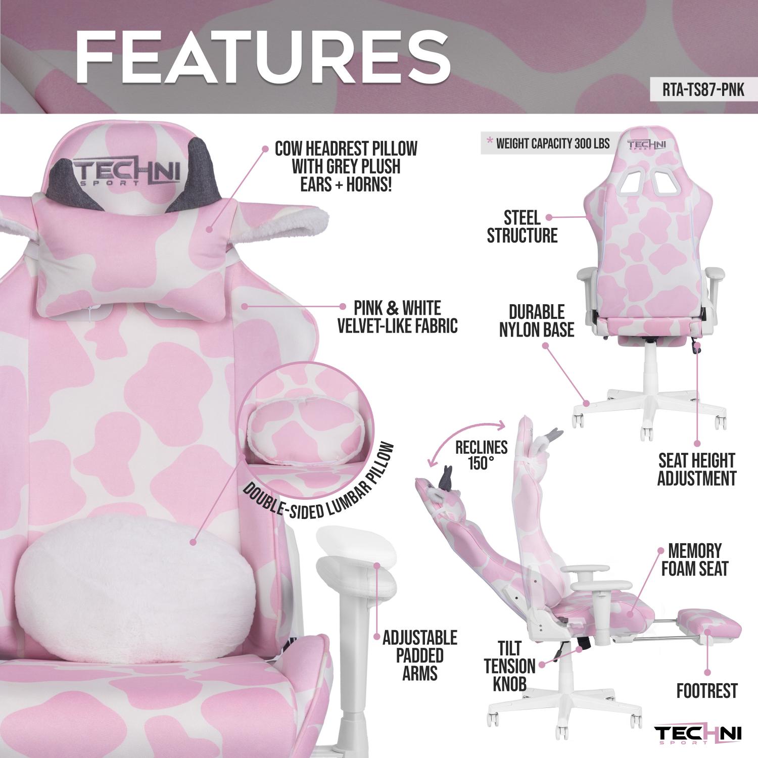 Pink cow print gaming chair with features highlighted on a gray background