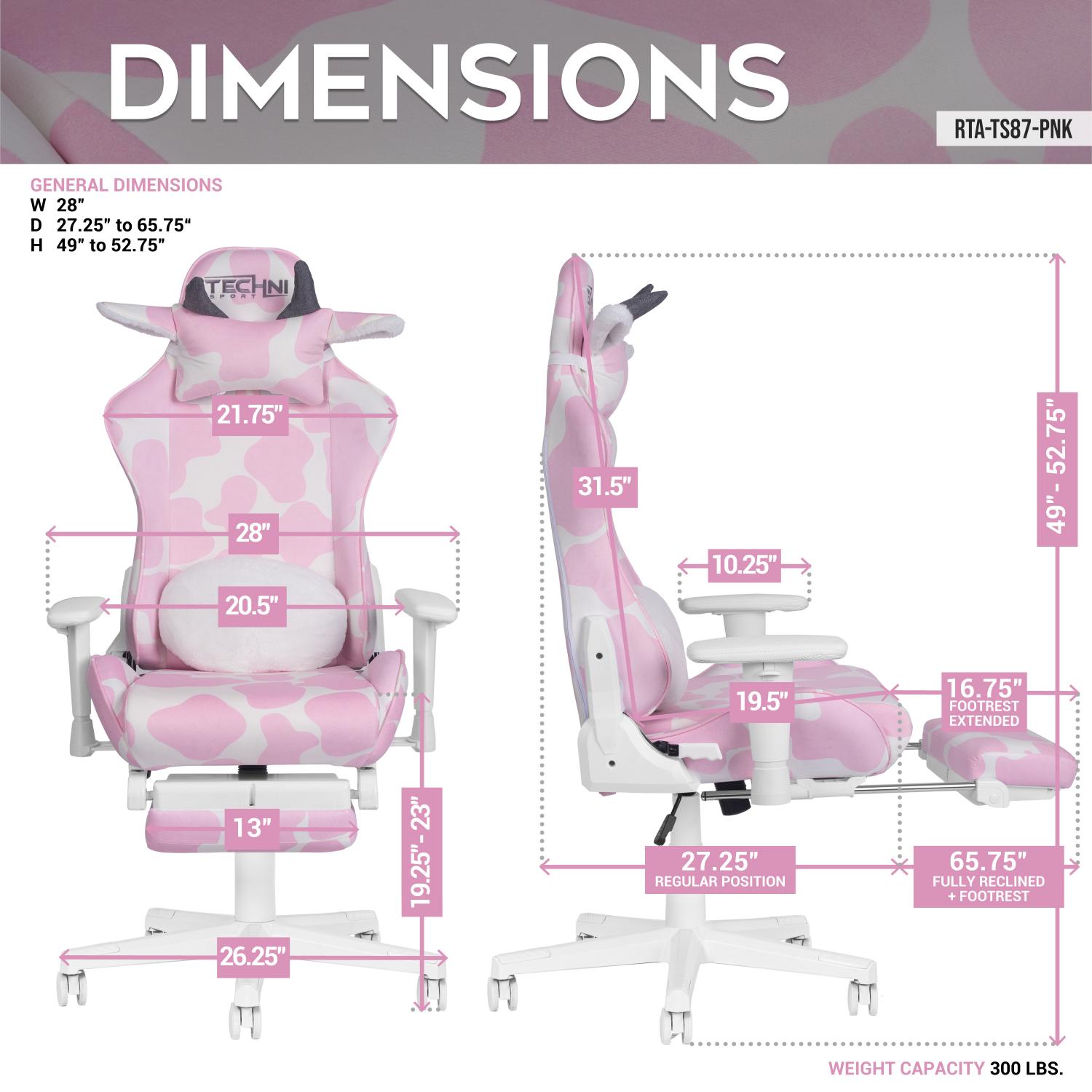 Pink gaming chair with dimensions labeled on a gray background