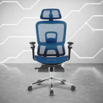 Techni Sport Ergon Mesh Gaming Chair in blue, front view with headrest and footrest extended 