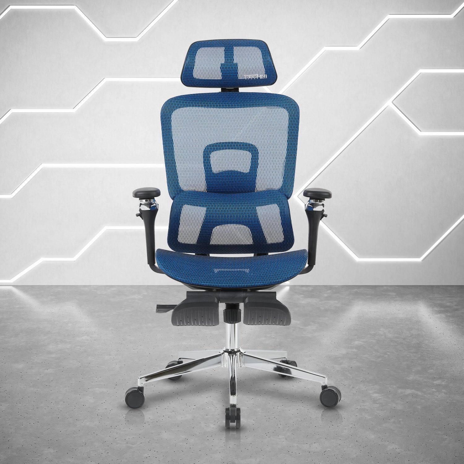 Techni Sport Ergon Mesh Gaming Chair in blue, front view with headrest and footrest extended 