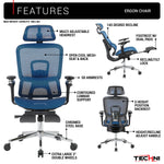 Techni Sport Ergon Mesh Gaming Chair in blue, feature diagram highlighting headrest, mesh seat and back, 5D armrests, lumbar support, recline and footrest 