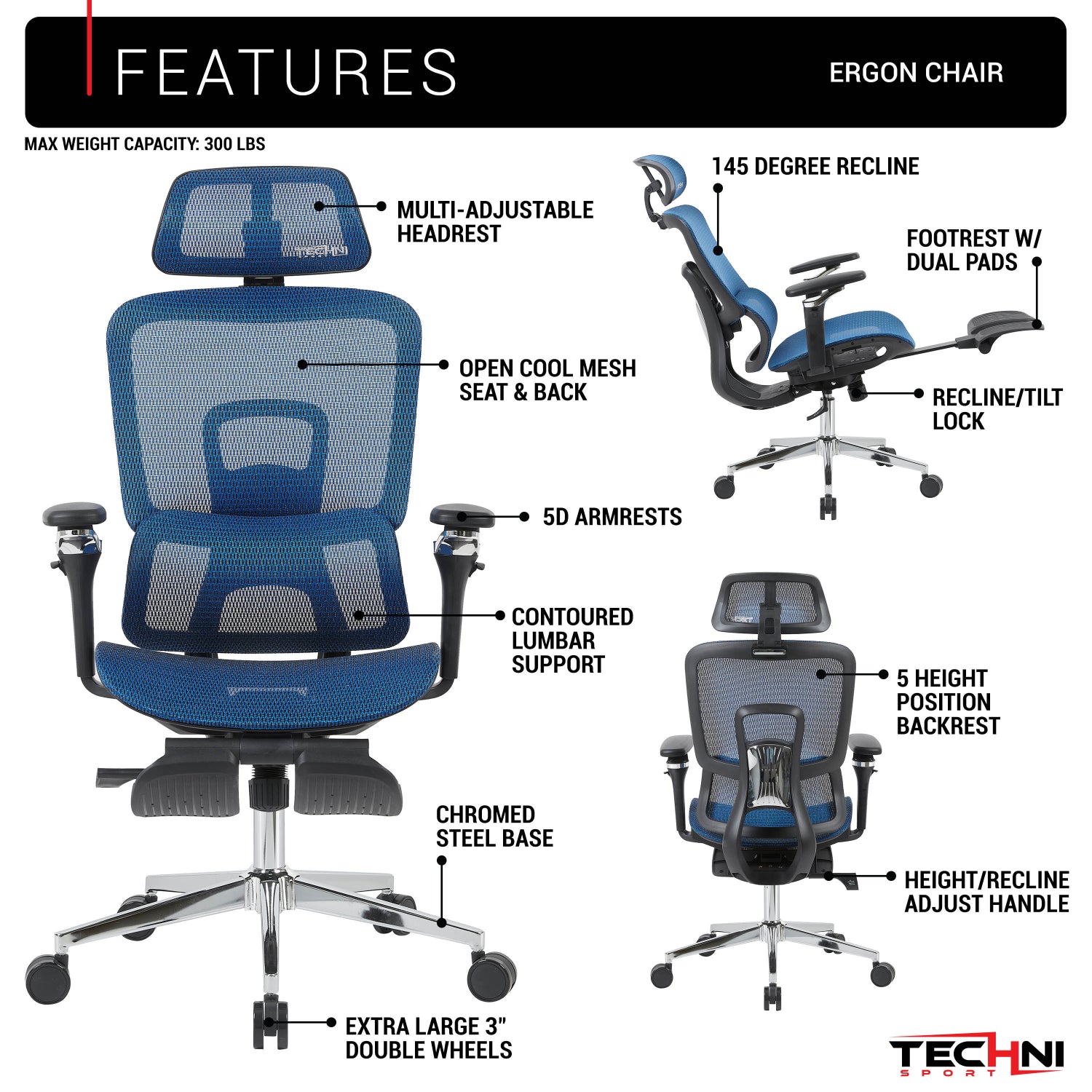 Techni Sport Ergon Mesh Gaming Chair in blue, feature diagram highlighting headrest, mesh seat and back, 5D armrests, lumbar support, recline and footrest 