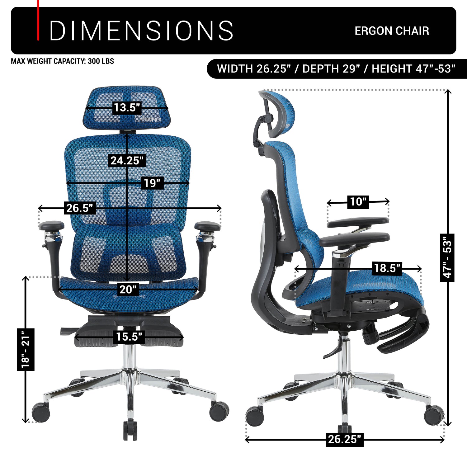 Techni Sport Ergon Mesh Gaming Chair in blue, dimensions diagram with chair measurements 