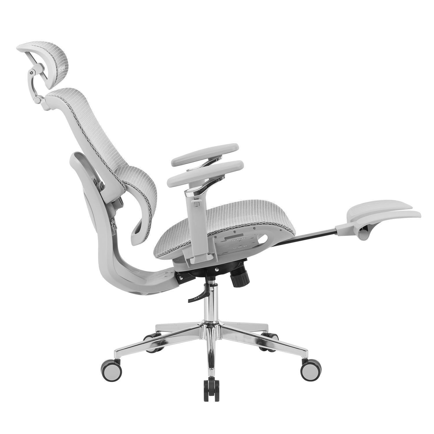 Techni Sport Ergon Mesh Gaming Chair in gray, side view reclined with footrest extended 