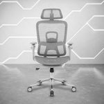 Techni Sport Ergon Mesh Gaming Chair in gray, front view with headrest and footrest extended 