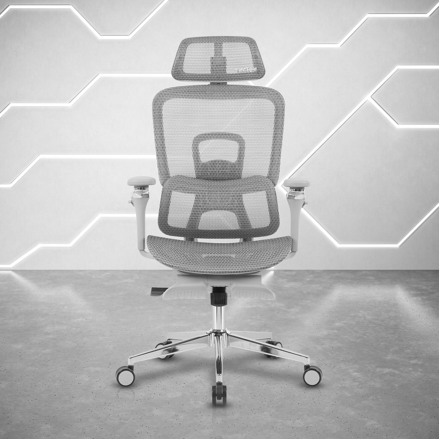 Techni Sport Ergon Mesh Gaming Chair in gray, front view with headrest and footrest extended 