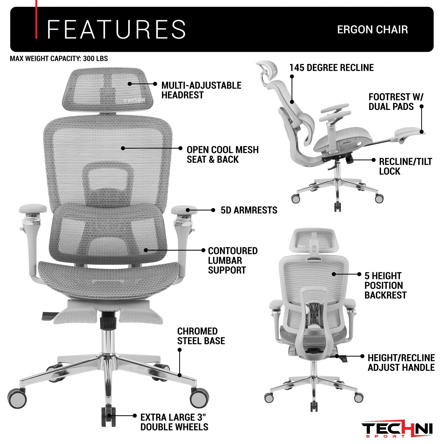 Techni Sport Ergon Mesh Gaming Chair in gray, feature diagram highlighting headrest, mesh seat and back, 5D armrests, lumbar support, recline and footrest 