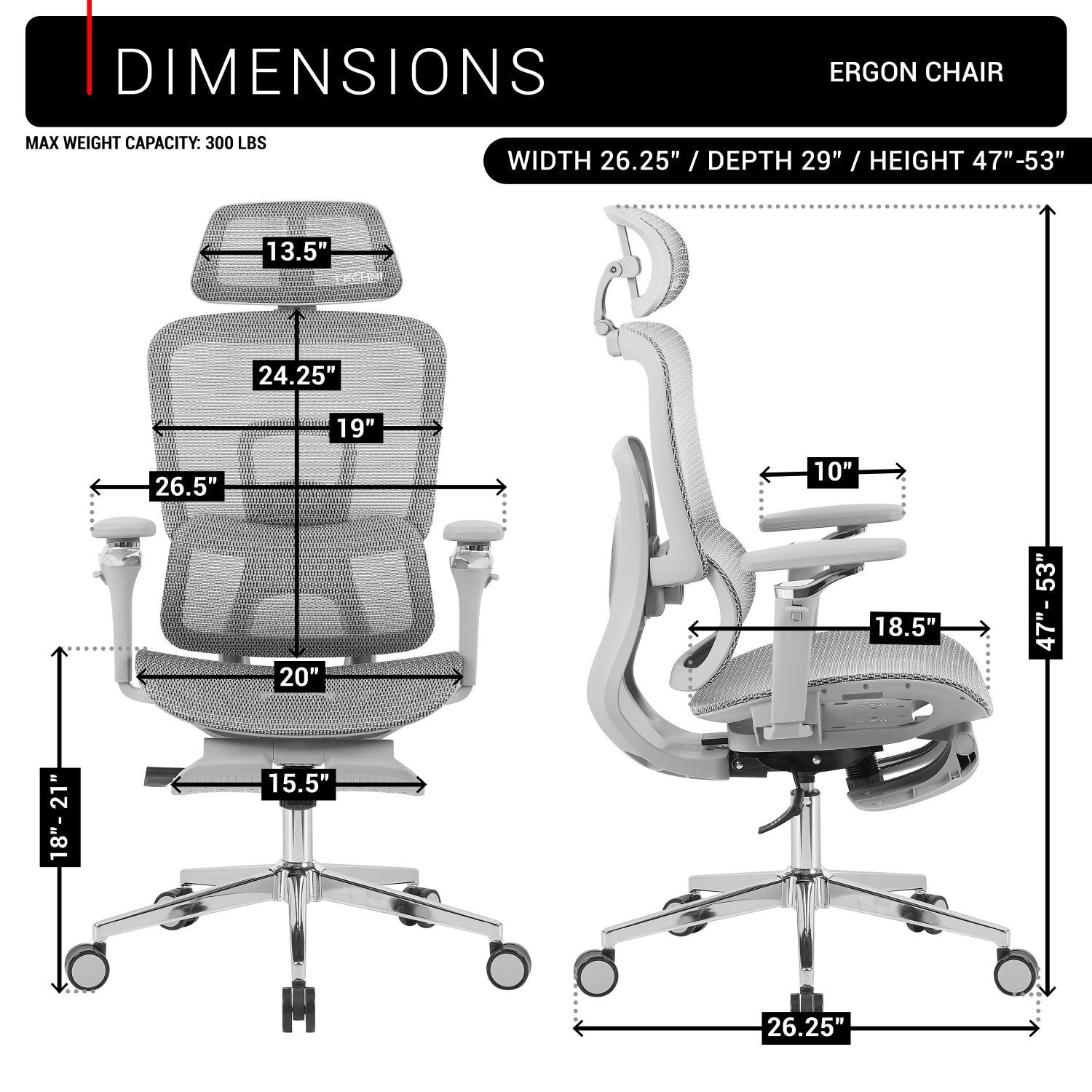 Techni Sport Ergon Mesh Gaming Chair in gray, dimensions diagram with chair measurements 