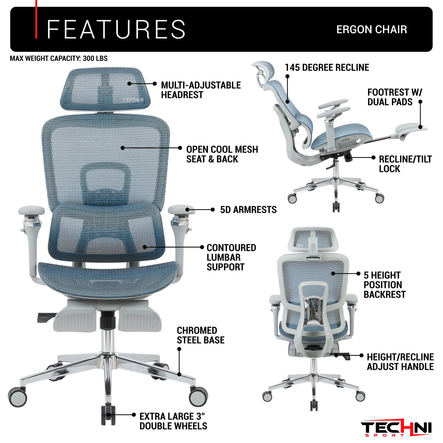 Techni Sport Ergon Mesh Gaming Chair in teal, feature diagram highlighting headrest, mesh seat and back, 5D armrests, lumbar support, recline and footrest 