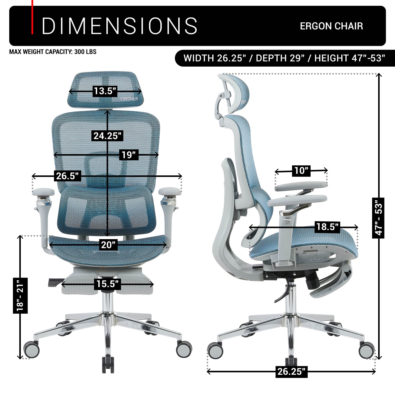 Techni Sport Ergon Mesh Gaming Chair in teal, dimensions diagram with chair measurements 